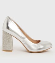 New Look Wide Fit Silver Diamante Block Heel Court Shoes